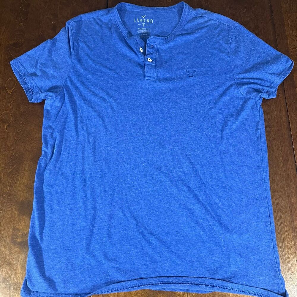 American Eagle Legend Classic Fit TShirt Men's Large Blue Solid Basic Tee Henley